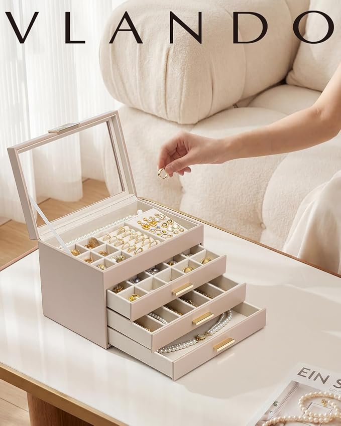 VLANDO Jewelry Box Organizer for Women, 4-Layer Jewelry Storage Case with Glass Lid, Gold Handle, 3 Drawers for Rings, Earrings, Necklaces and Bracelets - Toffee