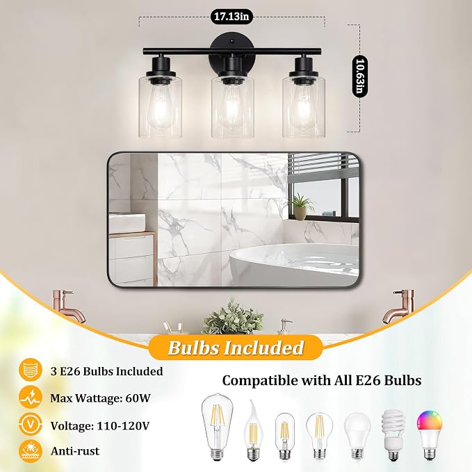 Unicozin Modern Bathroom Light Fixtures, 3 Light Vanity Lights with E26 Bulbs, Black Wall Lamp with Clear Glass for Mirror Living Room Hallway Cabinet Porch