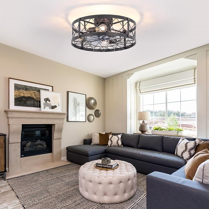 24" Farmhouse Flush Mount Caged Ceiling Fans with Lights, Rustic Low Profile Ceiling Fan with Light and Remote, Reversible DC Motor Bladeless Enclosed Ceiling Fan for Bedroom Laundry Room Kitchen