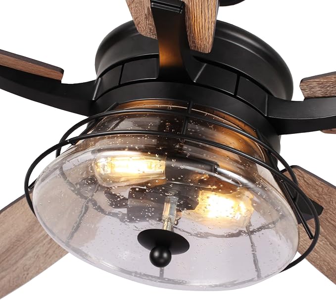 52 Inch Farmhouse Ceiling Fans with Lights and Remote Control - 3-Speed Reversible Motor, Retro Style Indoor/Outdoor Ceiling Fan with 5 Blades for Home Living Room Bedroom