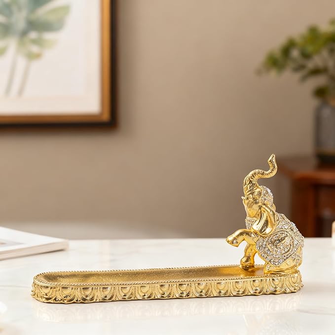 Decorative Gold Elephant Incense Holder Tray, Ornate Design with Trunk Up Figurine, Home Decor Accent Piece