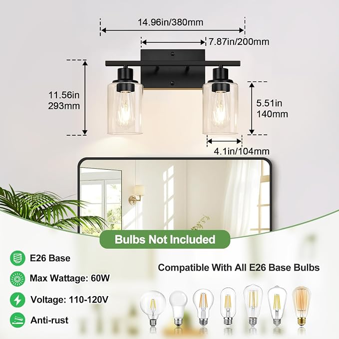 Indoi 2-Light Bathroom Light Fixtures, Matte Black Modern Vanity Lights with Clear Glass Shades, Bathroom Wall Lamp for Mirror Living Room Cabinet Bedroom Porch