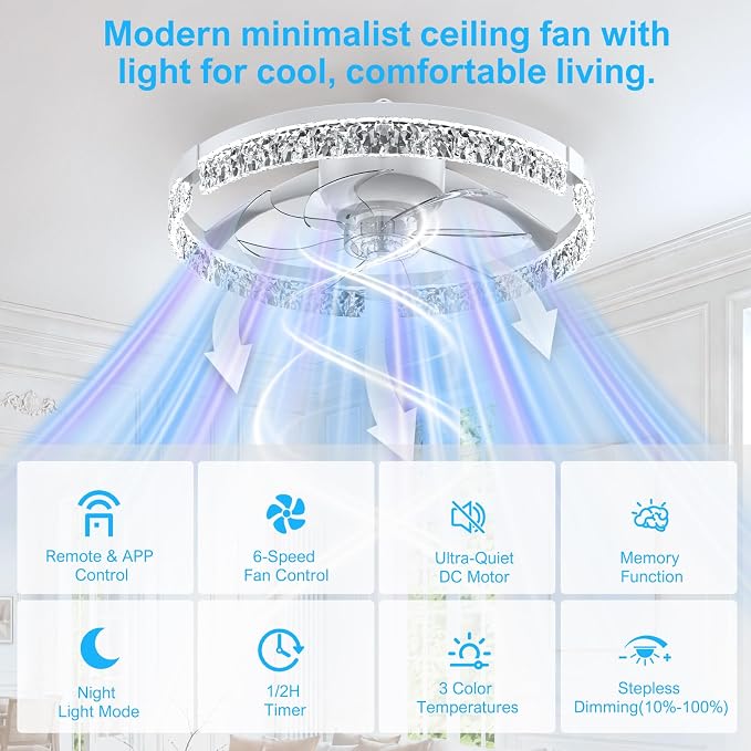 Crystal Ceiling Fans with Lights and Remote, 20'' Low Profile Ceiling Fan, 1-6 Wind Speeds, 3000-6500K Dimmable Flush Mount LED Fan Light, Modern Fandelier Ceiling Fans for Bedroom