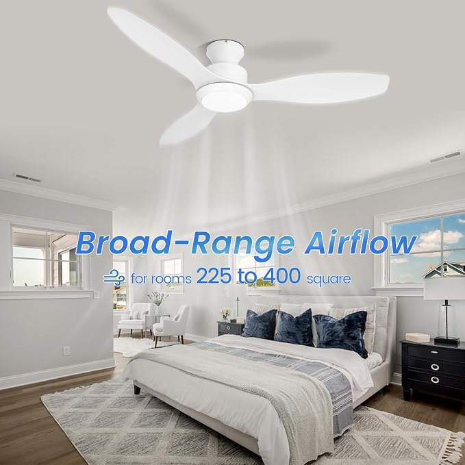 48 inch Ceiling Fan with Light and Remote, White Flush Mount Ceiling Fan with 3 Blades,3 Color Dimmable Lights, 6 Speeds, Queit DC Motor, for Bedroom/Outdoor/Patios, White