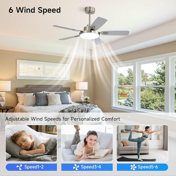 44 Inch Ceiling Fans with Lights and Remote for Bedroom Living Room Kitchen Office, Indoor/Outdoor Use, 5CCT Dimmable, Dual Color 5 Blades, 6 Speed Reversible Quiet DC Motor, Sand-nickel/Wood Grain