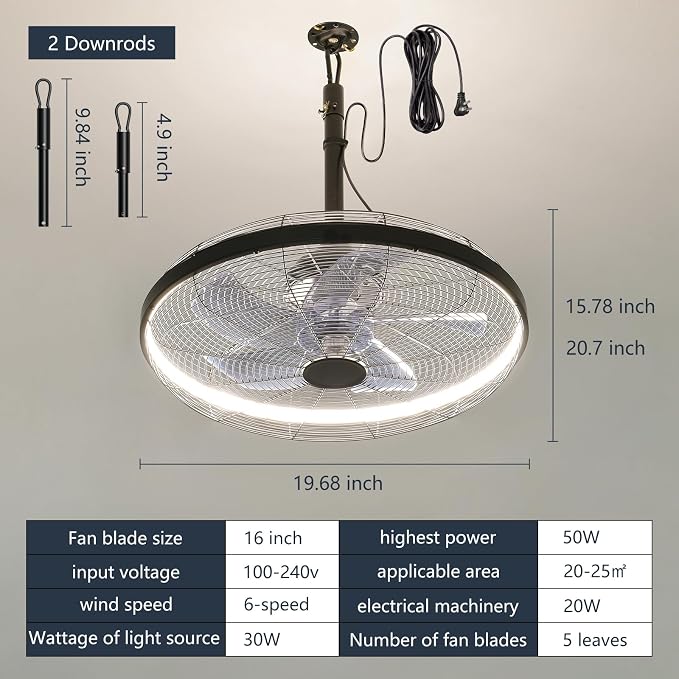 AHAWILL Outdoor Ceiling Fans with Lights, 20'' Gazebo Fan, Plug in Ceiling Fan for Patios, Pergola, Ceiling Fan with Remote Control, Hanging with Hook,Black