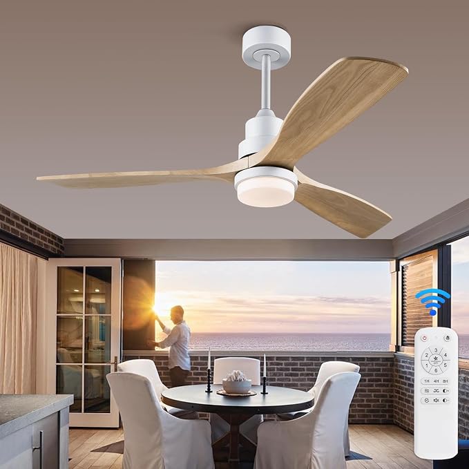 52 Inch Solid Wood Ceiling Fans with Lights, White Modern Ceiling Fan Light with Remote Silent Reversible DC Motor, Dimmable Led Home Decor Fan for Bedroom Living Room Patio