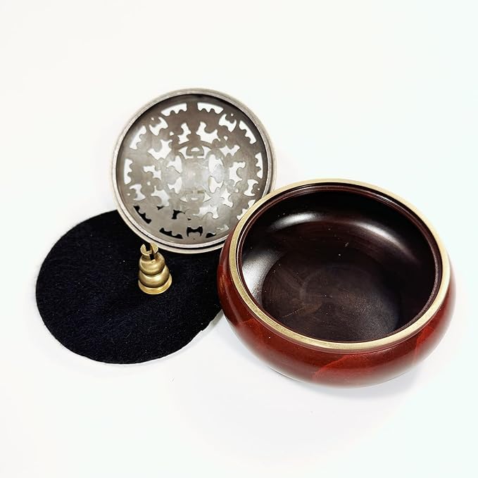 Red Brass Incense Burner with Stick Holder & Fireproof Cotton - Compatible with Cone, Charcoal Disc, Coil Incense | Handcrafted Durable Design for Home Altar, Meditation, Yoga