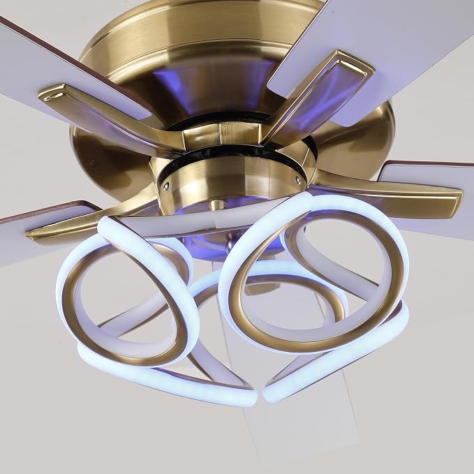52 Inch Gold Ceiling Fans with Lights and Remote/APP, RGB Color Changing LED Lighting Ceiling Fan, Modern Indoor Luxury White and Gold Ceiling Fan for Living Room, Bedroom, 3CCT, 6 Speeds