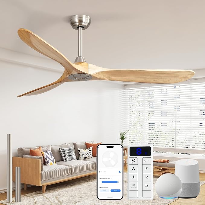 Sofucor 60 Inch Smart Ceiling Fans No Lights-Outdoor Modern Smart Ceiling Fan with Alexa/Google/APP/Remote Control, Reversible Quiet DC Motor,Wood Blade Ceiling Fan for Bedroom/Living Room/Patios