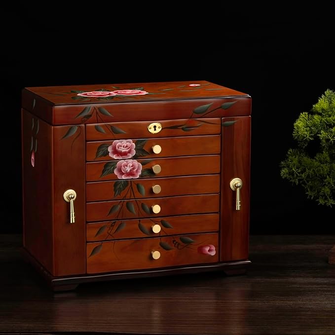 Hand-Painted Wooden Jewelry Box,jewelry boxes for women，jewlrey box&organizers with necklace hanger,jewerly organizer,10-layer large capacity jewelry storage box for jewelry