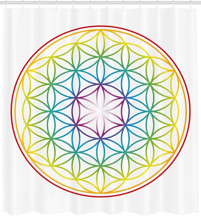 Ambesonne Colorful Shower Curtain, Flower of Life Pattern Radiant Colors Cosmic Dimension Space Forms Print, Cloth Fabric Bathroom Decor Set with Hooks, 69" W x 75" L, White Plum Earth Yellow