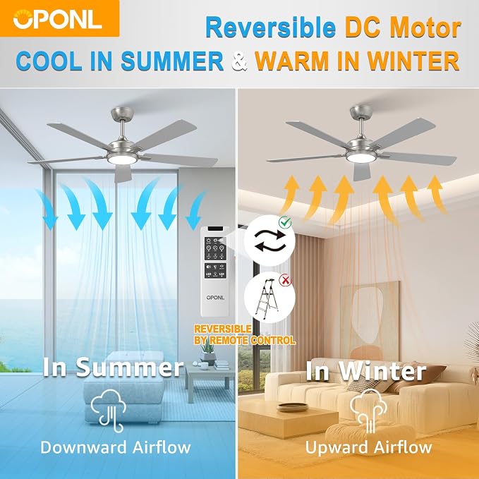 OPONL Ceiling Fan with Light, Ceiling fan with Light and Remote Control, Reversible, 6CCT, Dimmable, Noiseless, Ceiling Fan for Bedroom, Indoor/Outdoor Use, Nickel, 52 inch, Classic