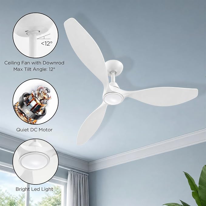 Roomratv Ceiling Fans with Lights and Remote Control,Quiet Noiseless Reversible DC Motor,6 Speeds,Timers, 3 CCT, Indoor Use, Plastic Blades,52 Inch White Modern Ceiling Fan for Bedroom Living Room