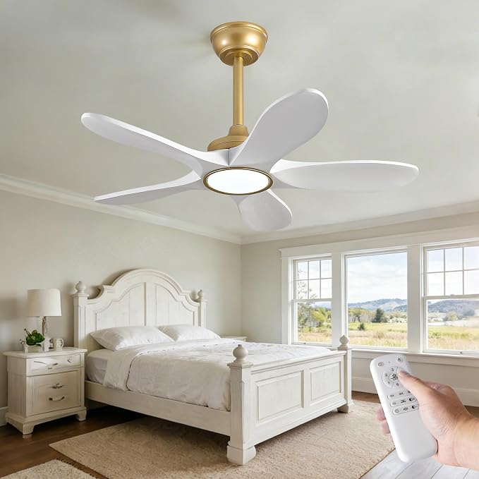 36 Inch White and Gold Ceiling Fans with Lights and Remote Control, Modern 3 Blade Wood Ceiling Fan, Small Outdoor Ceiling Fan with Light for Patio Farmhouse, Quiet DC Motor, Dimmable LED Light