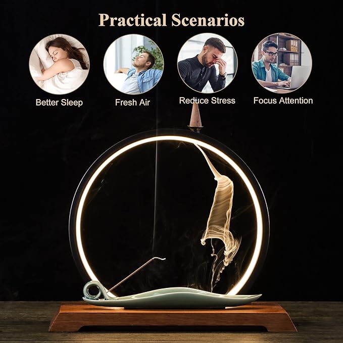 DOBEHOME Backflow Incense Burner with LED Light Ring, Ceramic, Waterfall Design, Includes 1 Tweezer and 30 Incense Sticks for Home, Office, Decor, Yoga, Aromatherapy