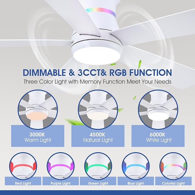 Surtime 52" White Ceiling Fans with RGB Lights - Flush Mount Ceiling Fan Light with LED 3CCT Dimmable, Modern Low Profile Ceiling Fans for Indoor Party,Covered Outdoor