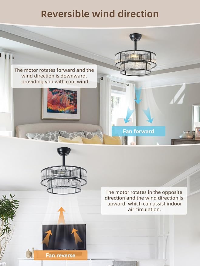 Black Fandelier Ceiling Fans with Lights, 20" Black Crystal Chandelier Ceiling Fan with Light Remote Control, Caged Mid Century with 6 Speeds for Bedroom, Living Room, Nursery