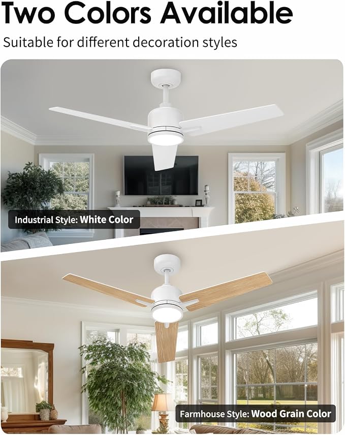 52 Inch White Ceiling Fan with Lights and Remote, Modern DC Motor Ceiling Fan with 3 Reversible White/Natural Wood Blades, 3CCT Dimmable LED, 6 Speeds, Quiet Fan for Nursery, Bedroom, Patio