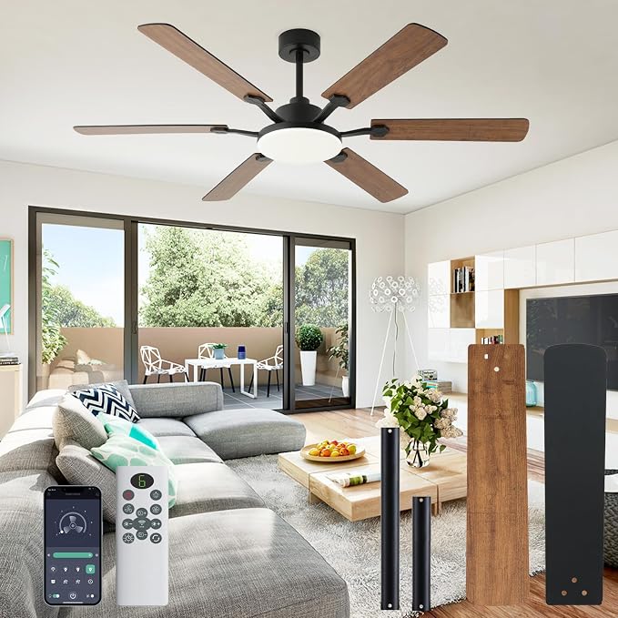 60 Inch Ceiling Fans with Lights, Large Modern Brown Ceiling Fan with Light and Remote Control, 6 Double Sided Blades, 6 Speed Reversible Motor, Dimmable LED, Silent Timing, Indoor Outdoor Patio Use