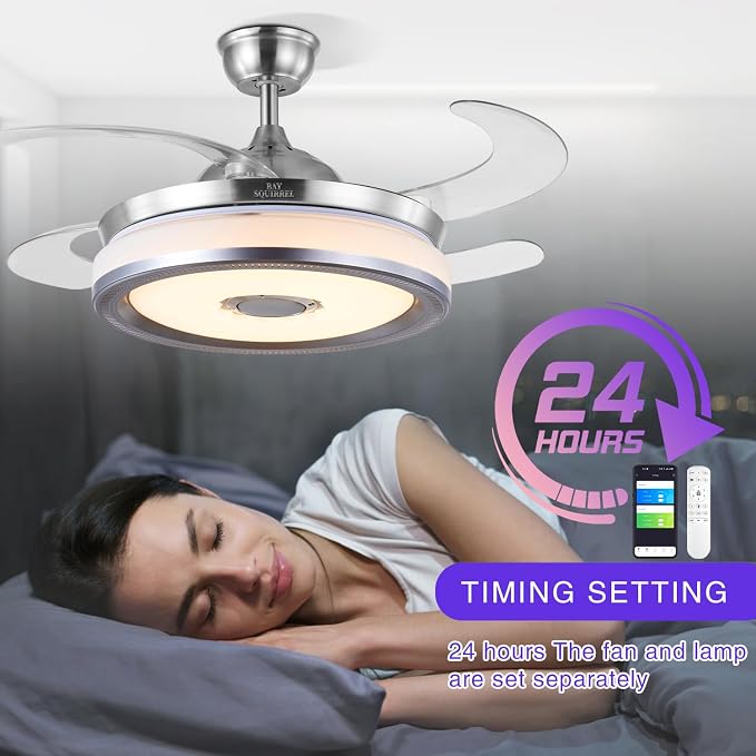 BAYSQUIRREL Retractable Bluetooth Ceiling Fan with Light and Speaker, Flush Mount Ceiling Fans,RGB-LED 6 Speed Reversible Modern Invisible Ceiling Fans,Remote and APP Control