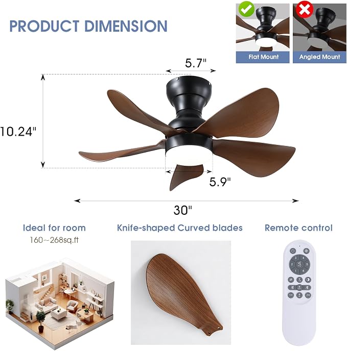 PHORUS 30" Small Brown Low Profile Ceiling Fans with Lights and Remote | Super Large Airflow with 6 Wind Speeds, Reversible, Dimmable 3 CCT LED, 30W Noiseless DC Motor,Timer, for Bedroom Kitchen