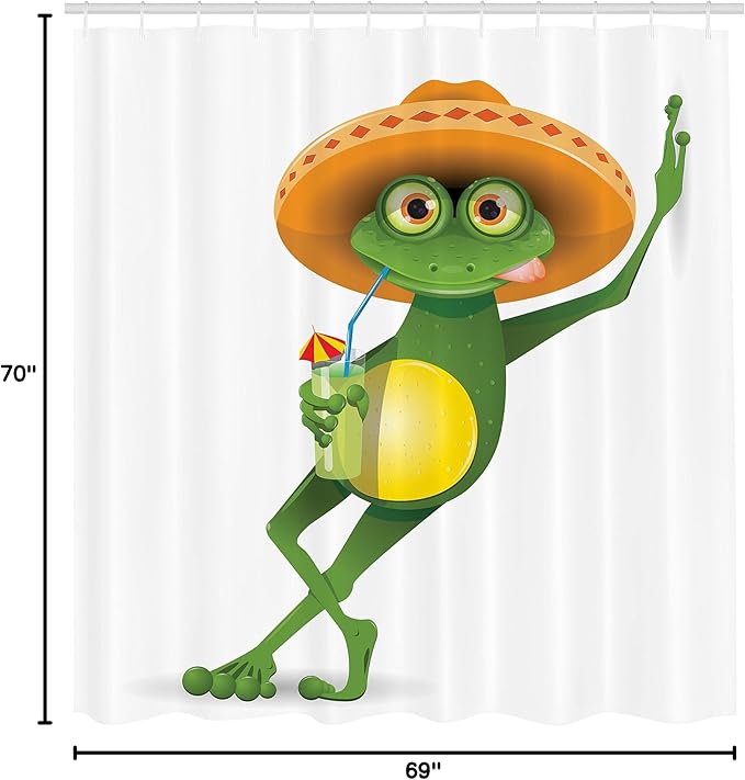 Ambesonne Cartoon Shower Curtain, Whimsical Funny Frog in a Sombrero and Cocktail Drink Glass Fauna Hot Weather Holiday Mexican Art, Cloth Fabric Bathroom Set with Hooks, 69" W x 70" L, Green Fern