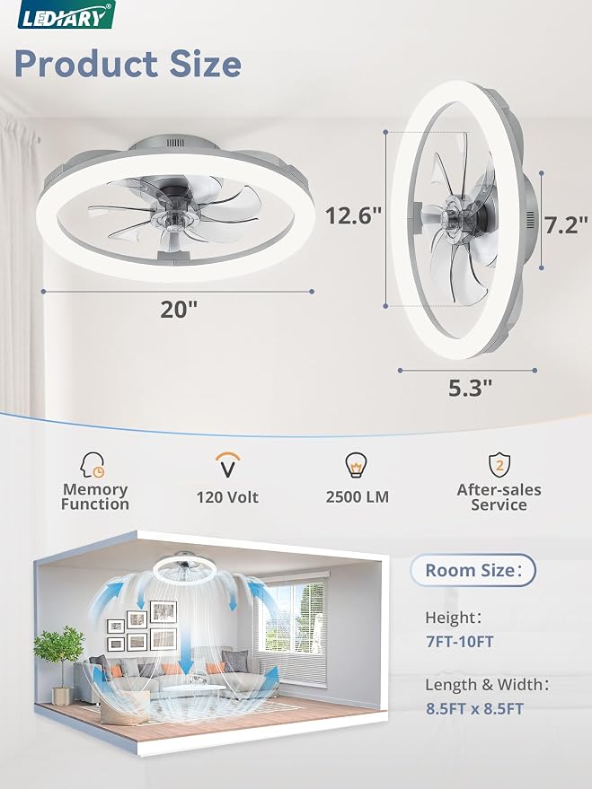 LEDIARY 20 Inch Low Profile Ceiling Fans with Lights and Remote, Dimmable Modern Fan Light(3000K-6000K), 6 Speed, Reversible, APP & Remote Control, Flush Mount Ceiling Fan for Bedroom, Grey