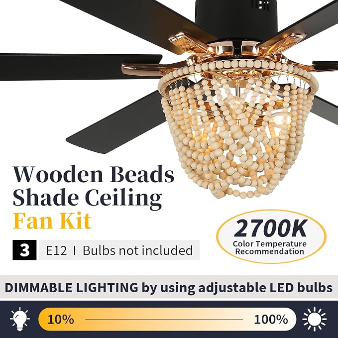 65 Inch Ceiling Fan with Lights and Remote, Wooden Bead Fandelier, 6 Speeds DC Motor Chandelier Fan, Vintage Farmhouse Ceiling Fan for Living, Dining Rooms, Bedroom, Patios, Shop, Ventilador de Techo