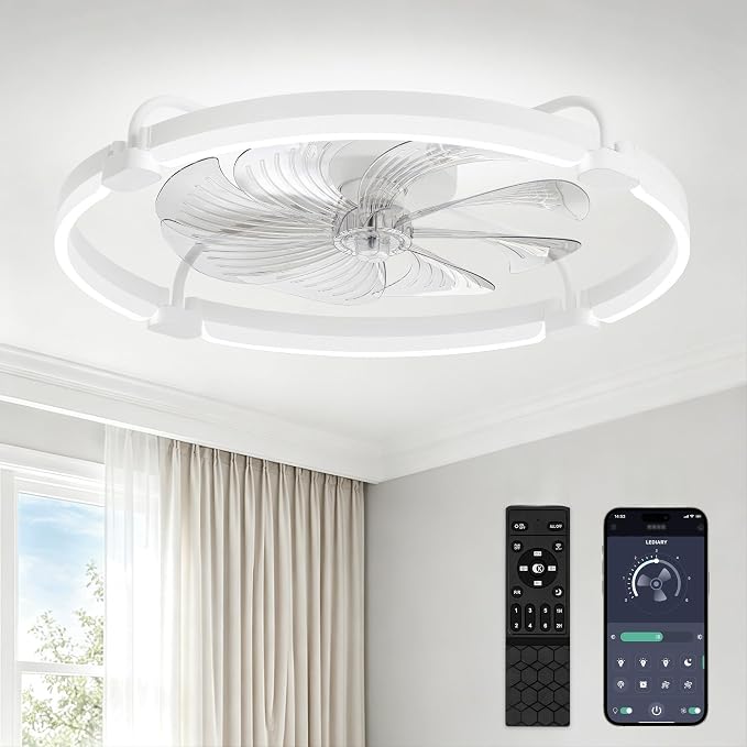 LEDIARY Ceiling Fans with Lights and Remote, Low Profile fan Light, White | 24 Inch 3000K-6000K Stepless Dimmable Fandelier, Reversible DC Motor, Remote and APP Control, Bedroom Kitchen Living Room