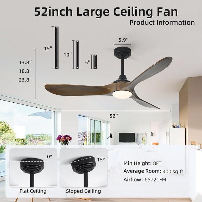 52” Outdoor Ceiling Fan with Light, Compatible with Alexa/Google, 3 Walnut Solid Wood Blade, Noiseless Reversible Dc Motor, Smart Outdoor Wood Ceiling Fan for Farmhouse Patios, Bronze