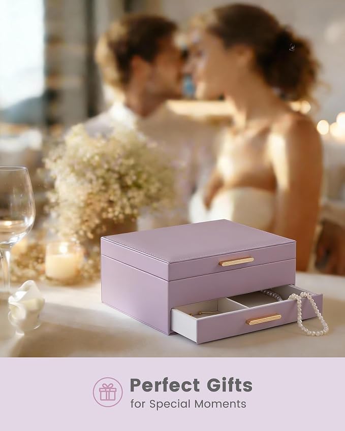 Lolalet 2-Layer Jewelry Box Organizer Holder for Women Girls Mom -Purple | Jewelry Storage Case with Drawers for Necklaces Ring Earrings Bracelet Watch, Gifts Choice for Mom Mother’s Day