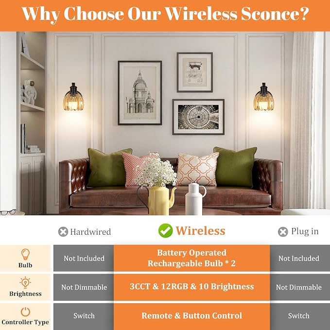 VerRon Rechargeable Battery Operated Wall Sconce Set of Two with Amber Glass Lampshade, Wireless Wall Scone Decor with Remote Control, 15 Colors Black Wall Light for Bedside Hallway Bedroom Doorway