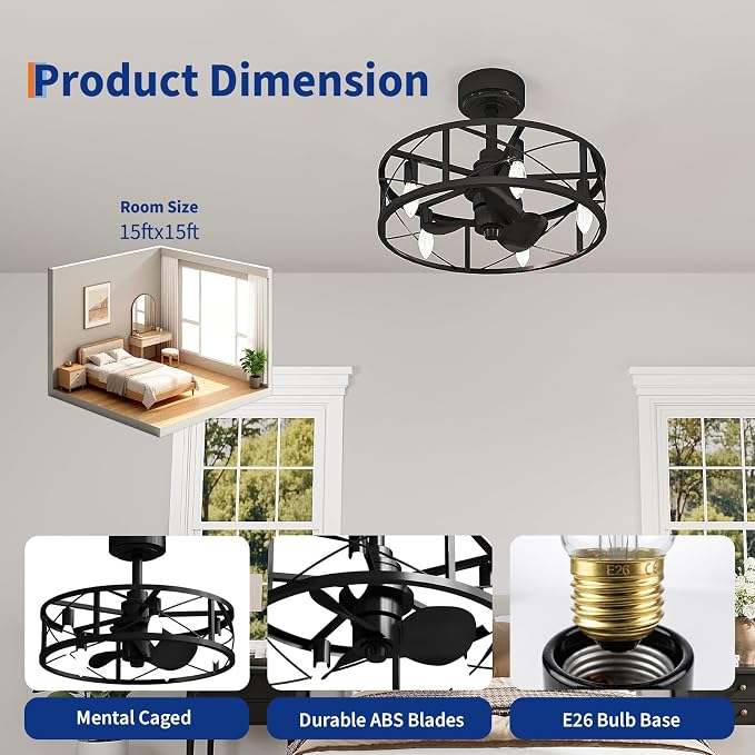 GarveeHome Caged Ceiling Fan 20in with Light, Flush Mount Fan Light Fixture | Black Metal Cage Flush Mount Ceiling Fan with Light, Remote Control Farmhouse Fan Light for Bedroom