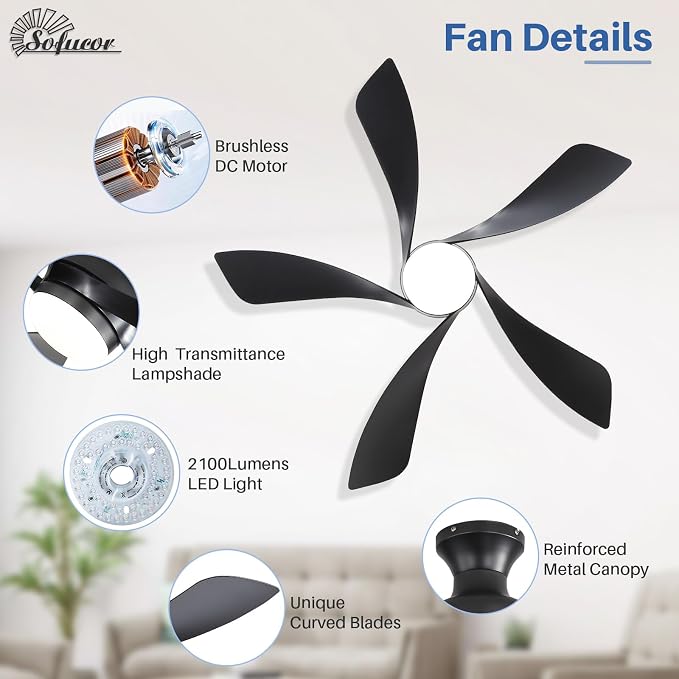 Sofucor 42 Inch Low Profile Ceiling Fan with Light, Flush Mount Outdoor Black Ceiling Fan with Remote for Bedroom Living Room Patio, Dimmable LED High Airflow Quiet Reversible DC Motor