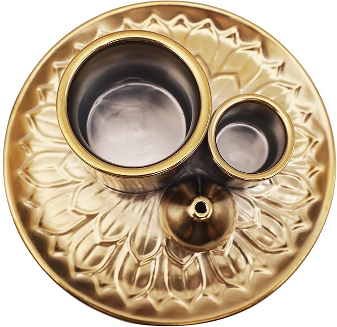 4 in 1 Incense Burner Holder with Ash Catcher, Gold-Plated Ceramic Tray for Burning Incense Sticks, White Sage, Palo Santo, Candle