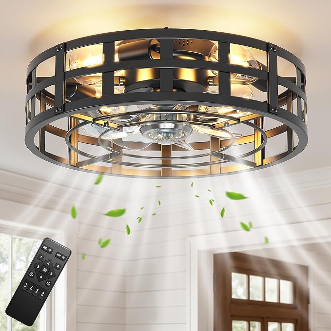Black 20" Caged Ceiling Fan with Light and Remote, Farmhouse Low Profile Flush Mount Fandelier, Bladeless Ceiling Fans 6 Speeds Reversible, Fan Light Fixture for Bedroom, Living Room, Kitchen