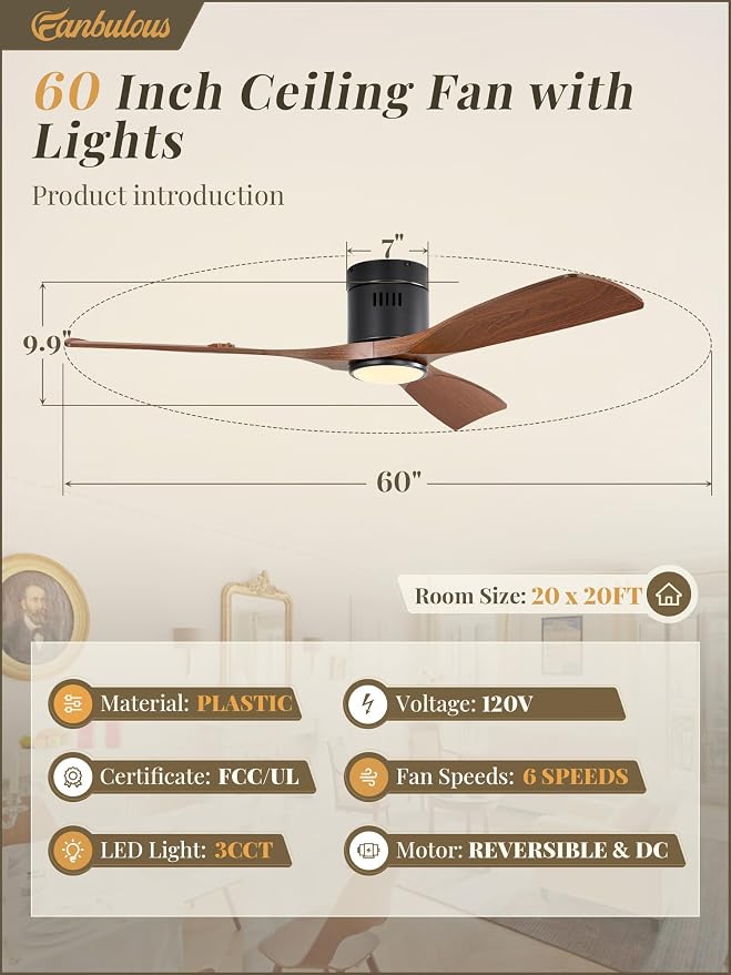 Fanbulous 60" Ceiling Fans with Lights and Remote Control,Modern Flush Mount Ceiling Fan with 3 LED Colors,Outdoor Low Profile Ceiling Fans with 6-Speeds Timer DC Motor for Bedroom Living Room Patio