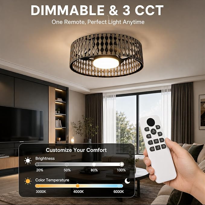 Low Profile Ceiling Fan With Lights,Ceiling Fans with Lights and Remote | Farmhouse fandelier with dimmable LED,Bobo Flush Mount Ceiling Fan for bedroom kitchen hallway dining room 20inch