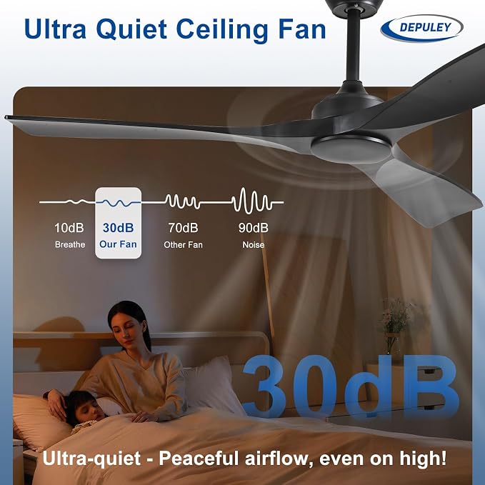 Depuley Ceiling Fan Without Light: 52 Inch 3 Blade Outdoor Fans for Patios - Black Ceiling Fan No Light Indoor Remote Control Ultra Quiet DC Motor Reversible 6 Speed Timer