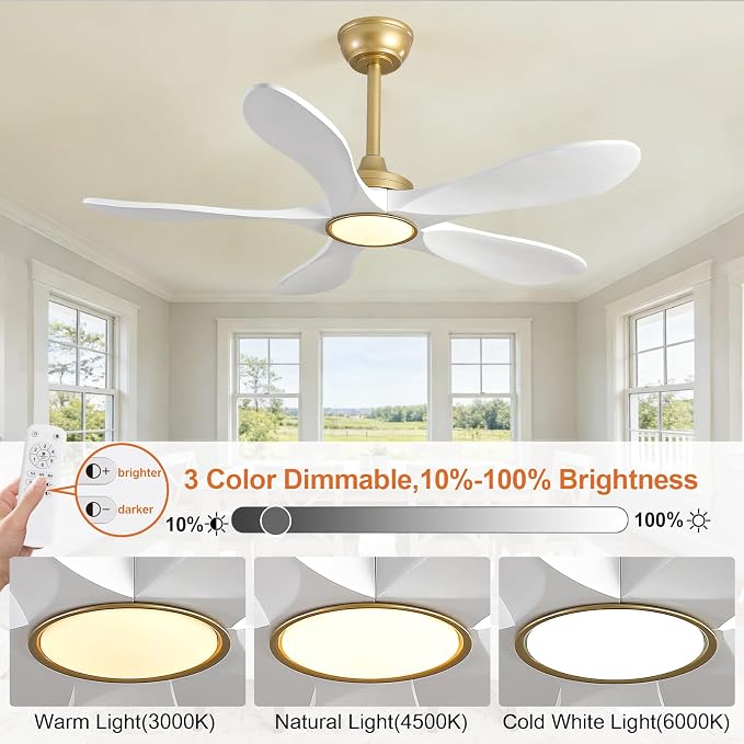42 Inch White and Gold Ceiling Fans with Lights and Remote Control, Modern 3 Blade Wood Ceiling Fan, Outdoor Indoor Ceiling Fan with Light for Bedroom, Living Room, Quiet DC Motor, Dimmable