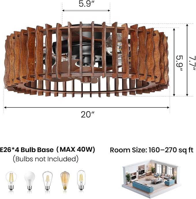 Wooden Fandelier Ceiling Fan with Light and Remote, 20" Flush Mount Caged Ceiling Fan with Light, 6 Speed Reversible Farmhouse Low Profile Ceiling Fan for Bedroom Living Room