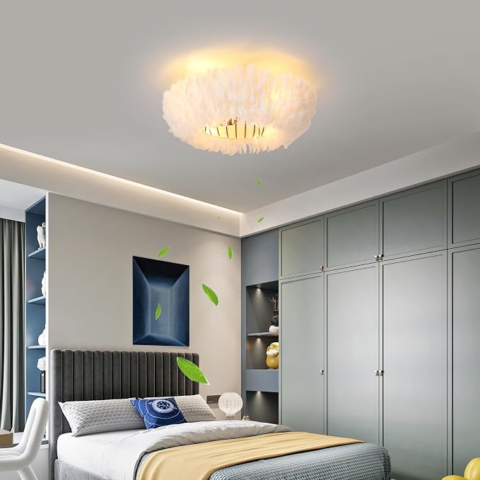 20" Modern Ceiling Fans with Lights and Remote Control，White Feather Chandeliers Stylish Low Profile Ceiling Fan for Bedroom, Living Room and Small Spaces,Featuring Reversible Motor, 6 Speeds