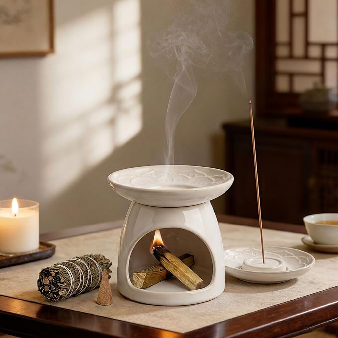Palo Santo Holder Incense Burner for Sage, Ceramic Incense Holder for Sticks & Cones, 3-in-1 Chimney Burner with Detachable Lotus Stick Tray, Meditation Home Decor Gift