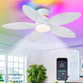 Surtime 46" White Ceiling Fans with RGB Lights - Flush Mount Ceiling Fan Light with LED 3CCT Dimmable, Tropical Palm Leaf Ceiling Fans for Indoor Party,Covered Outdoor