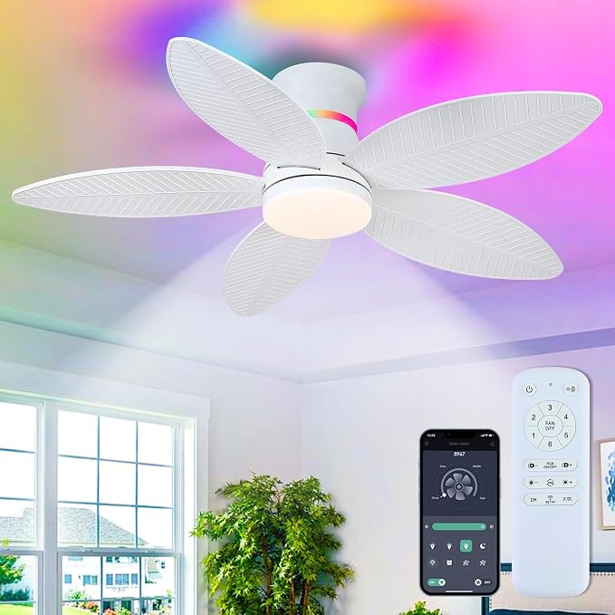 Surtime 46" White Ceiling Fans with RGB Lights - Flush Mount Ceiling Fan Light with LED 3CCT Dimmable, Tropical Palm Leaf Ceiling Fans for Indoor Party,Covered Outdoor