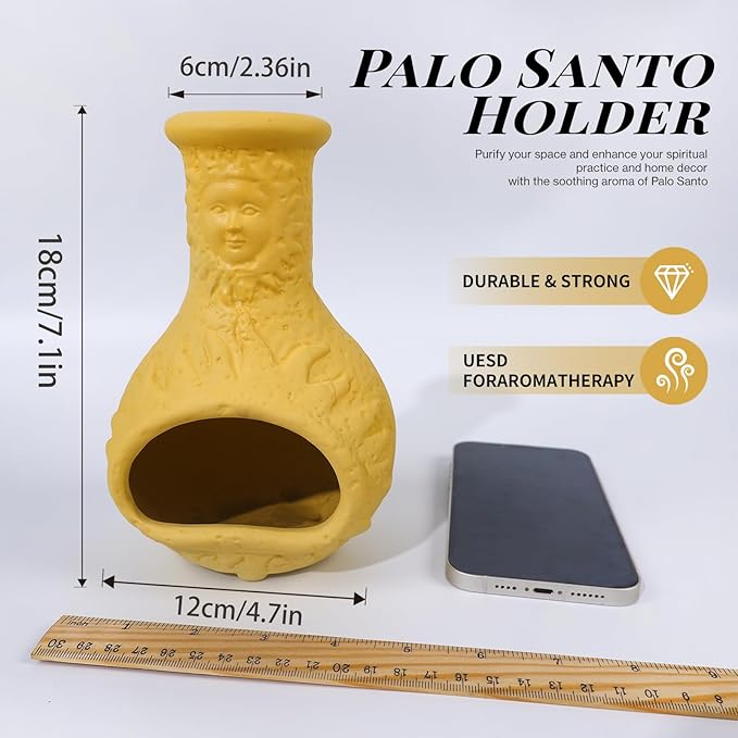 MOUGIGI Palo Santo Burner Holder,Yellow Mini Chiminea with Chimney Handmade Smudge Bowl fits sage, Incense Cones, Sticks, Small Candle; with ash Collection. Great for Zen Meditation, Altar Fireplace