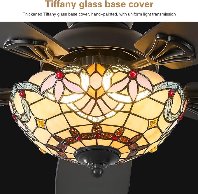 Tiffany Ceiling Fans with Lights - 52" Ceiling Fan Chandelier with 5 Dual-Blades and Glass Shade, 6 Speeds and Reversible, Indoor and Outdoor, Retro Style