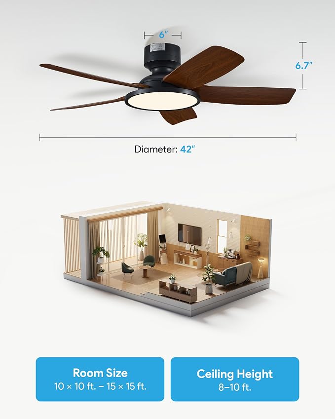 VONLUCE 42 Inch Ceiling Fan with Lights, Quick Install Ceiling Fan and Remote, 6-Speeds Noiseless Reversible DC Motor, 3CCT, Modern Ceiling Fan for Bedroom Living Room Kitchen, Dark Wood Grain