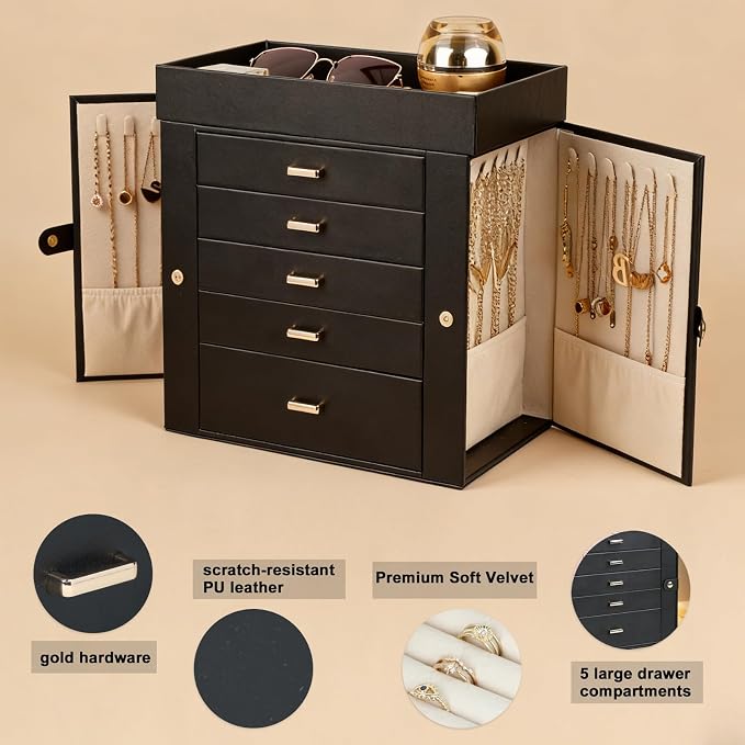 BOOVO Large Jewelry Boxes For Women (Black, 6 Layer) | 6 Layers Jewelry Organizer Box With Cosmetic Storage Drawer, Necklace Ring Jewelry Organizer Box